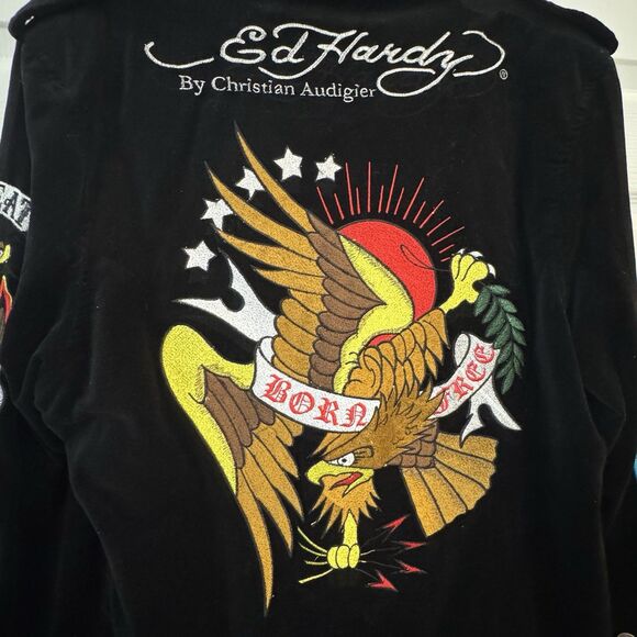 Ed Hardy Christian Audigier Suit Jacket Blazer Black Velvet Embroidered XL - Picture 5 of 7